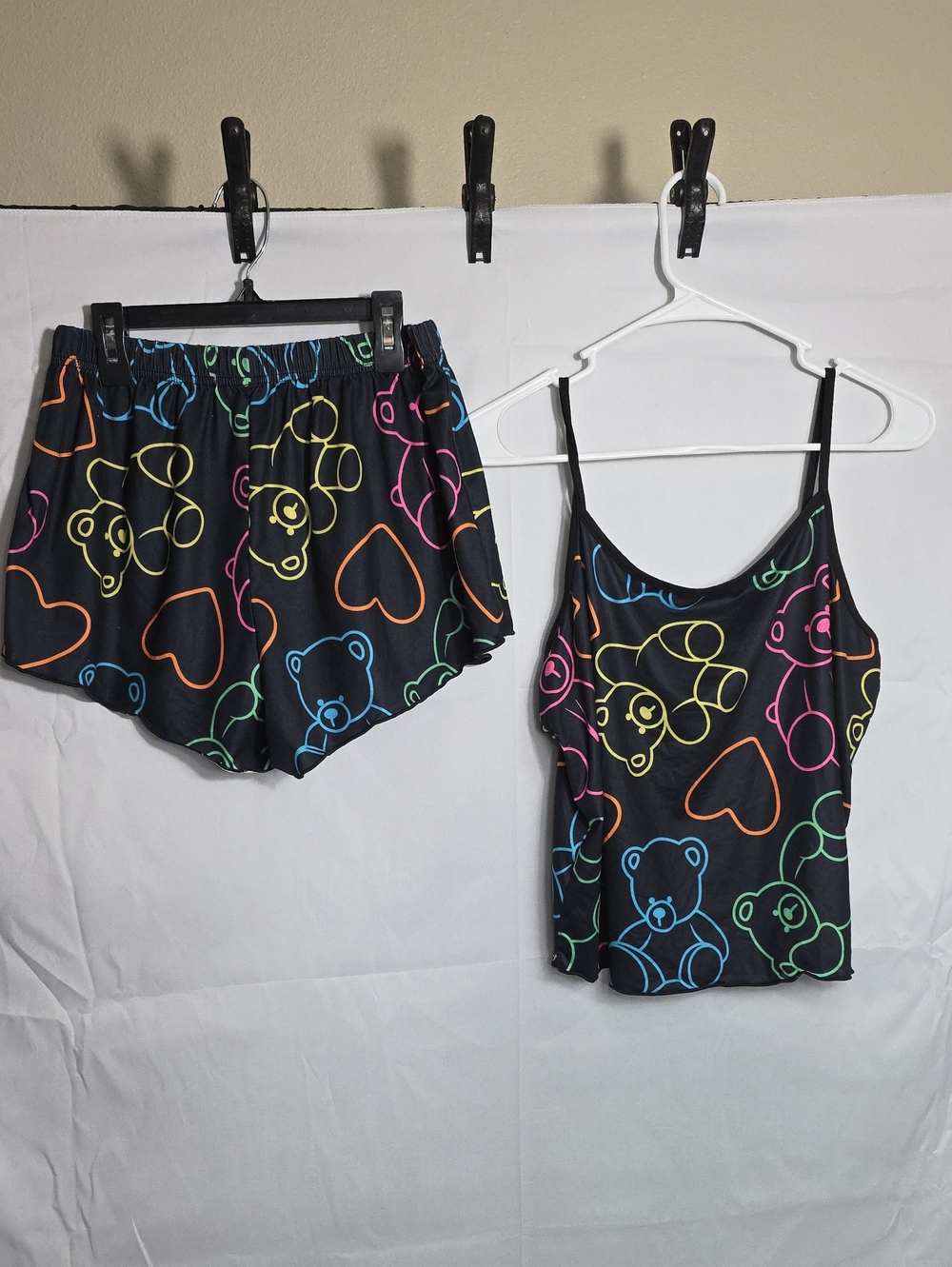 Women’s Black Neon Bear Print Cami & Shorts Sleep Set Size XL (W285)